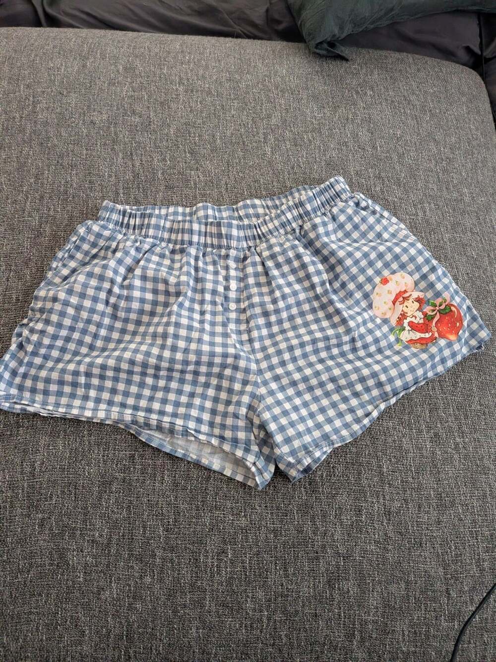 Strawberry Shortcake Blue Gingham Boxer Shorts Pajama Bottoms